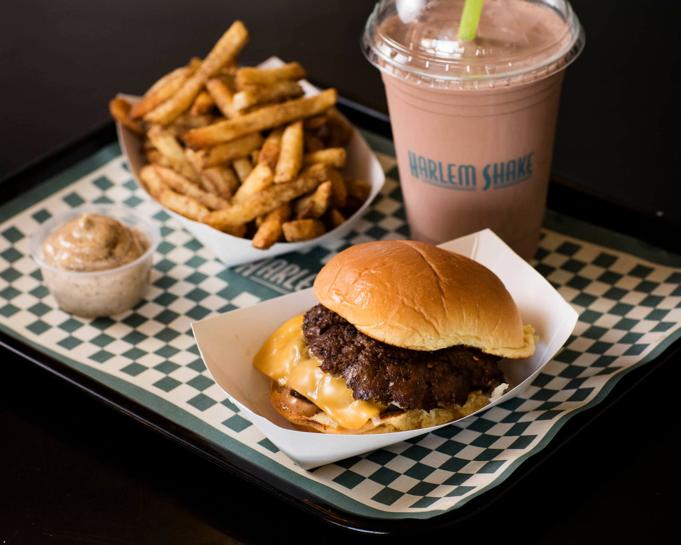 burger, fries and a milkshake